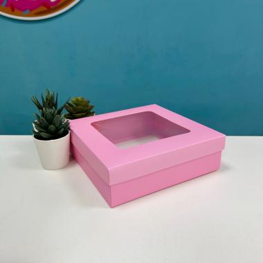 Коробка складная, крышка-дно, розовая, с окном 20 х 20 х 6 см